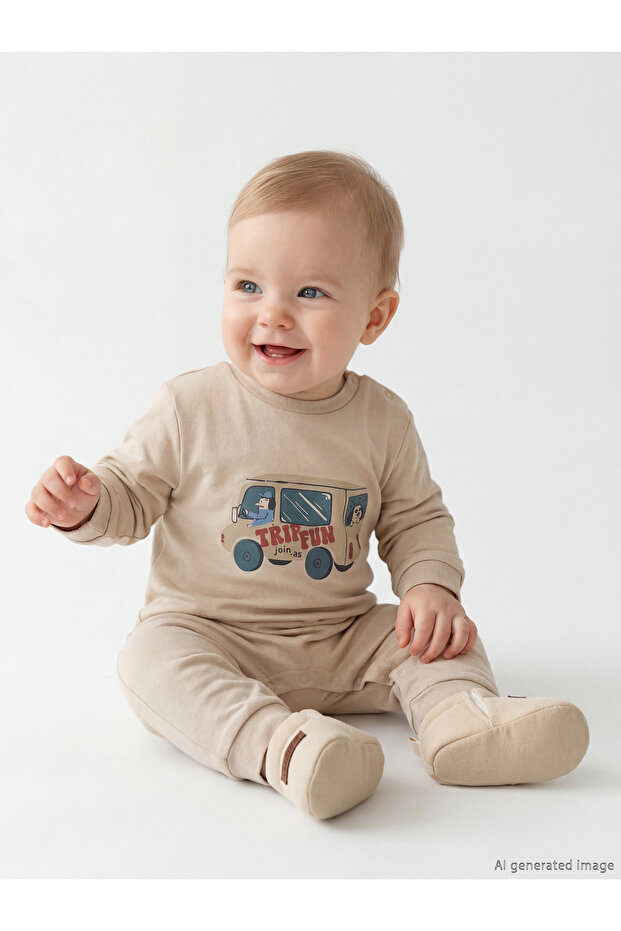 Beige Baby Boy Printed Long Sleeve Jumpsuit
