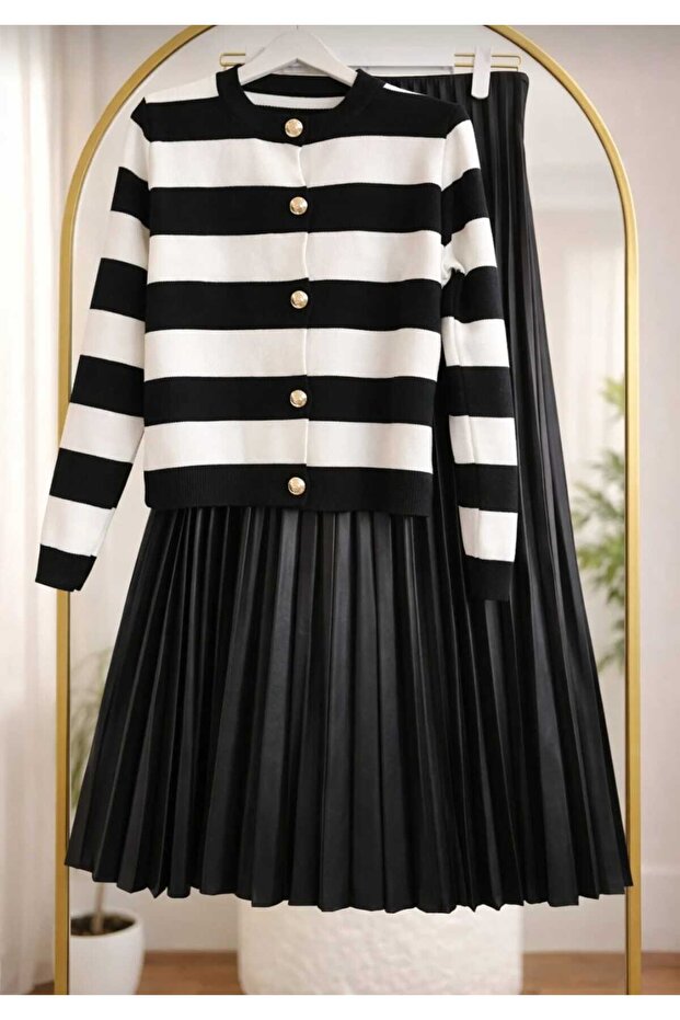 Women’s Knit Cardigan - Pleated Skirt Set -0280