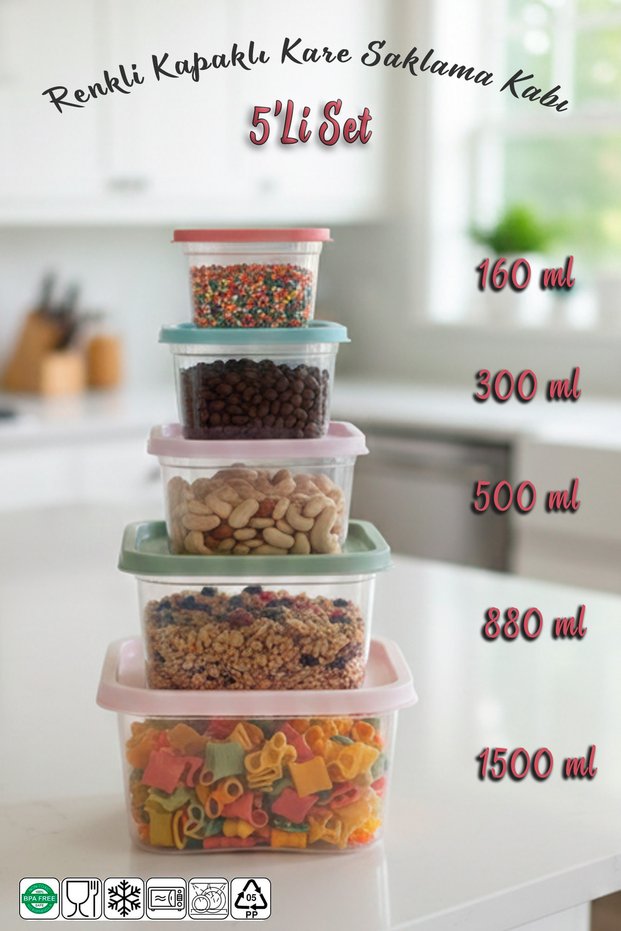 5 Pieces of Plastic Colorful Interlocking Refrigerator Organizer Storage Containers with Lids