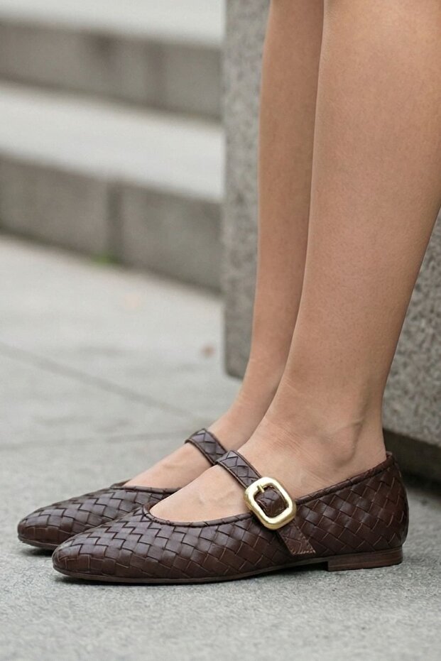 Brown Women's Buckled Elastic Easy-To-Wear Summer Dowry Bundle Ballet Flats B71Onav