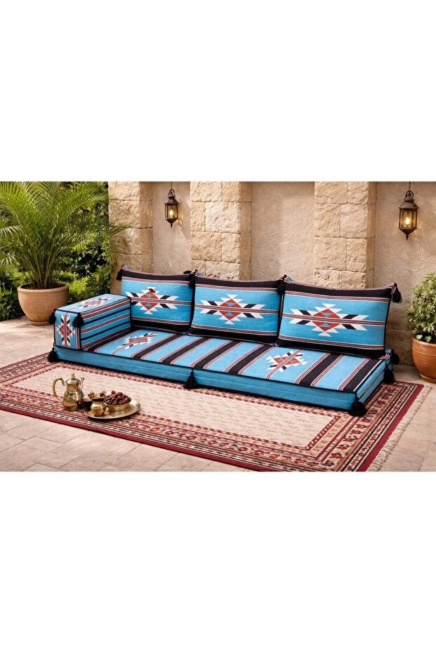 Majlis Floor Sofa Set, Arabic Style Floor Seating, Turquoise Blue with Geometric Pattern