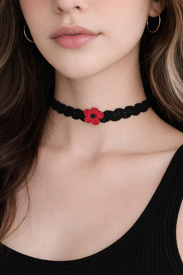 Handmade Black Knitted Choker – with Floral Detail