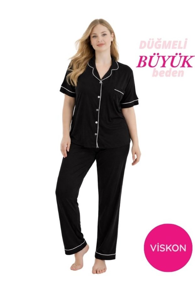 Women's Black Plus Size Viscose Shirt Collar Front Buttoned Chest Pocket Seasonal Short Sleeve Pajama Set