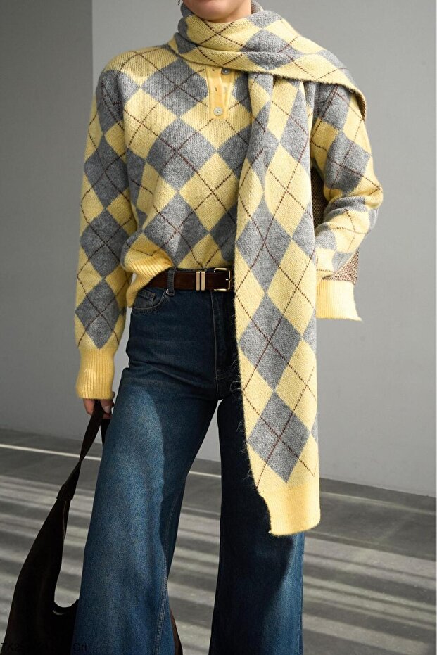 Polo Collar Alya Baklava Pattern Premium Soft Scarf Sweater Set