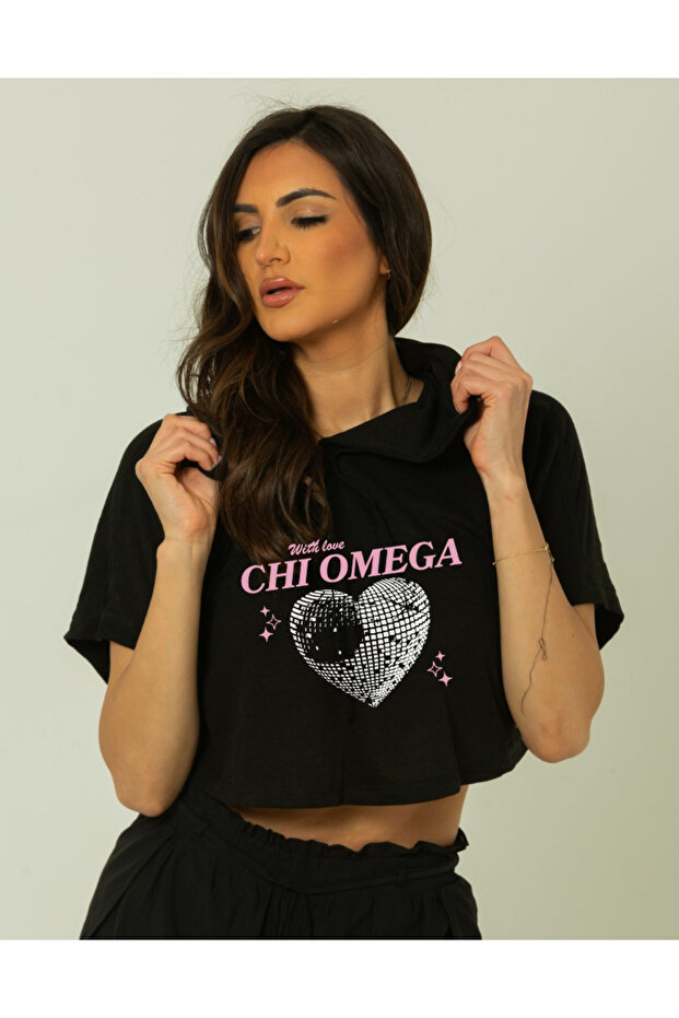 Trend Mix Mixed Printed Hooded Short Sleeve Women's Black Crop Tshirt
