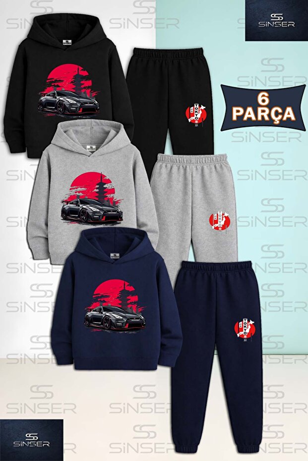Children's Unisex Car Black Red Circle Front 3-Piece Hooded Tracksuit Set