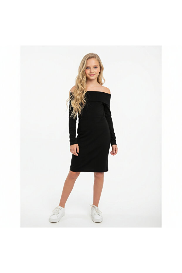 Kayık Yaka Girl's Basic Dress