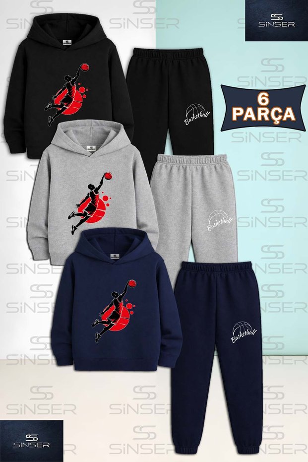Children's Unisex Basketball Player Red Black 3-Piece Hooded Tracksuit Set