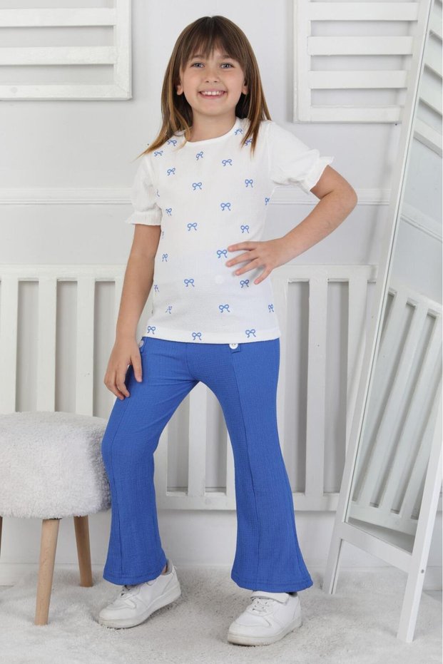Girl's Bow Patterned White Blouse and Button Detailed Spanish Flared Trousers Set