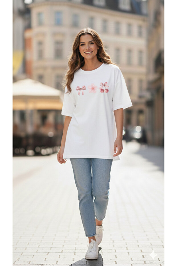Oversize Pink Cherry Ribbon Printed White T-Shirt