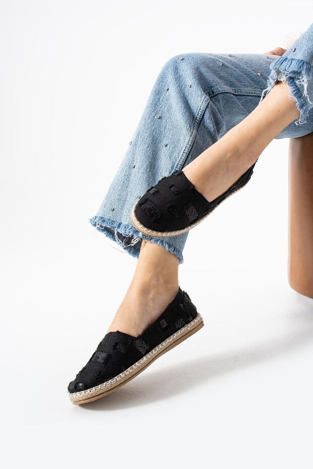 Noa Women's Black Sequined Cotton Straw Sole Espadrille