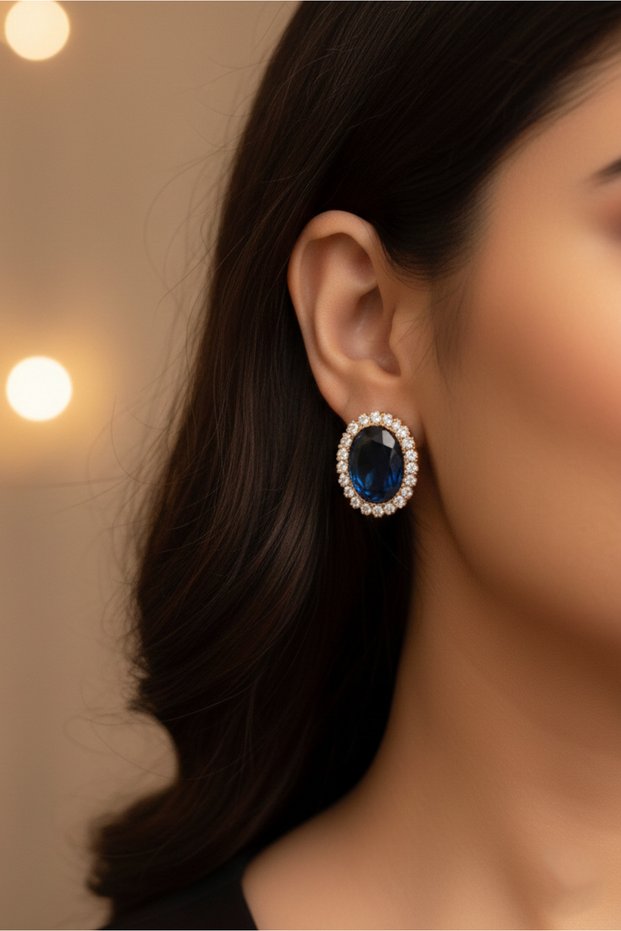 Navy Blue Oval Stone Earrings Choker Chain Gold Plated Henna Earrings Evening Dress Earrings 2.5 cm