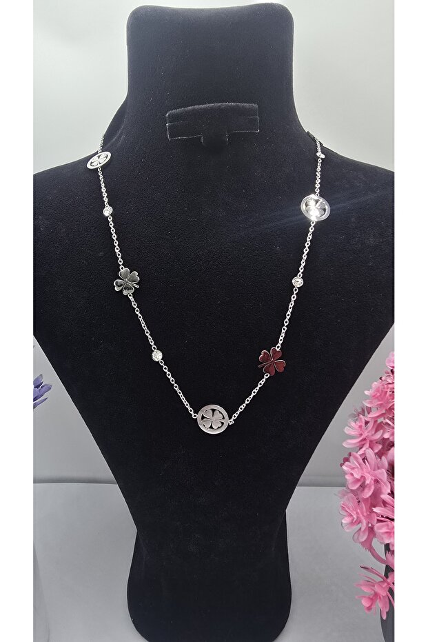 Multi Clover Design Zircon Stone Silver Color Steel Non-Tarnish Necklace