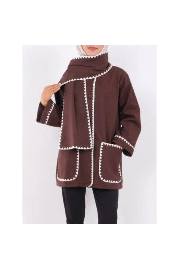 سترة بأزرار أمامية وجيب مزين بالشريط - بني - 2