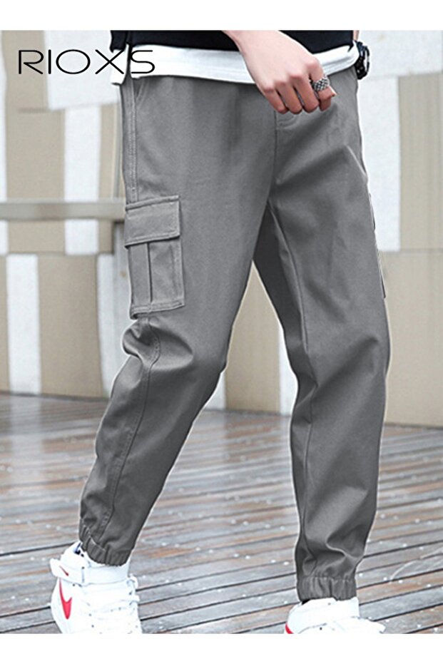 Men's Cargo Pants, Loose Fit Drawstring Elastic Waist Joggers with Multi Pockets, Comfy Breathable C