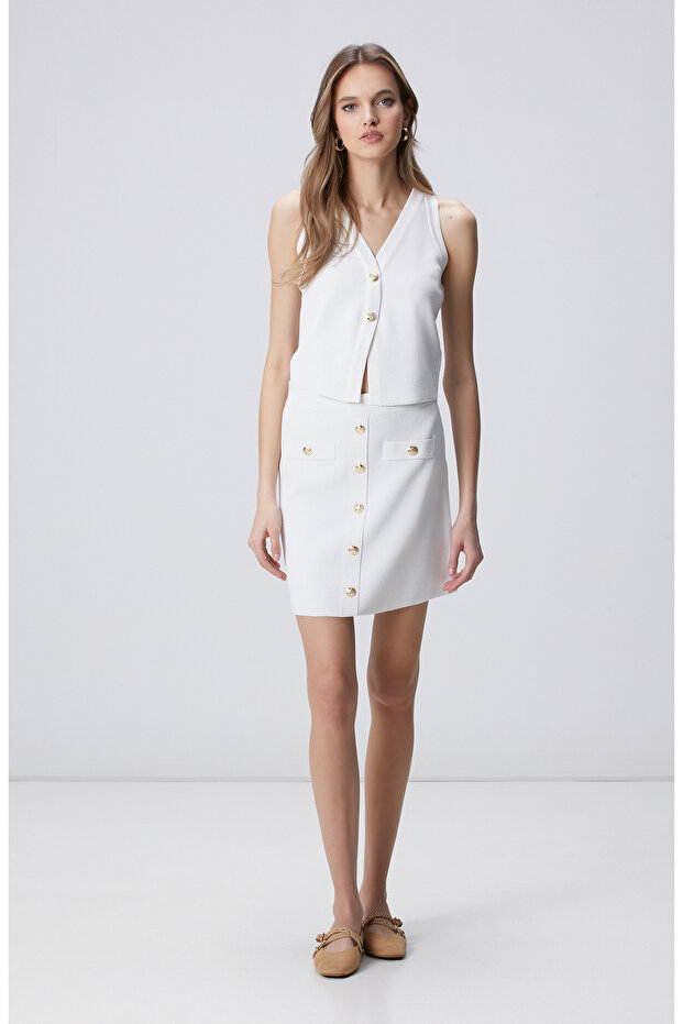 Kırık Beyaz Mini Triko Etek - 2