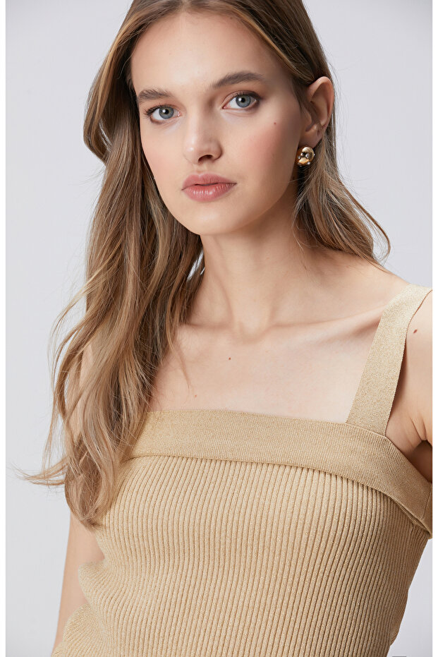 Bej Askılı Düz Yaka Triko - 2