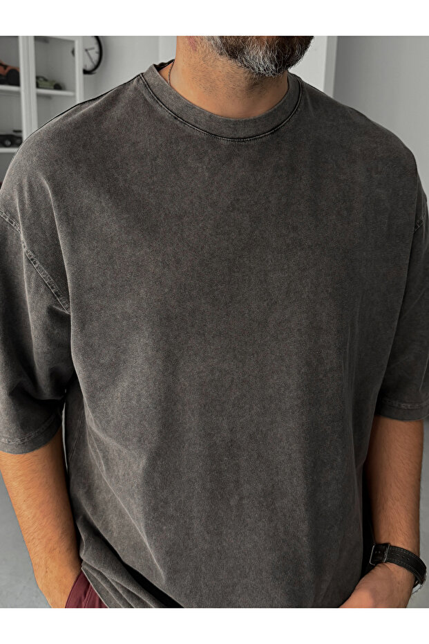 Antrasit Basic Yıkamalı Oversize T-Shirt JJ-295 - 3