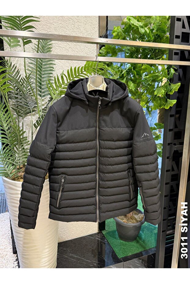 siyah şişme kapşonlu mont - 2