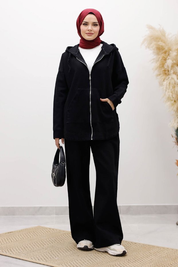 Zippered Hooded Denim Suit Tsd250250 Black