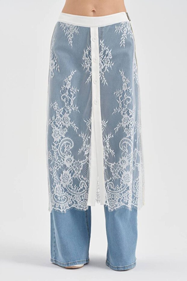 Women's Lace Skirt Detailed Front Buttoned Design Palazzo Jeans