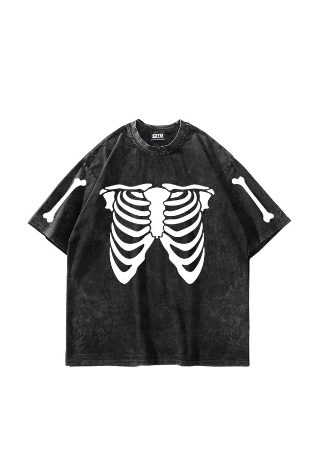 Ribcage Skeleton Printed Oversize Unisex Washable Black Tshirt