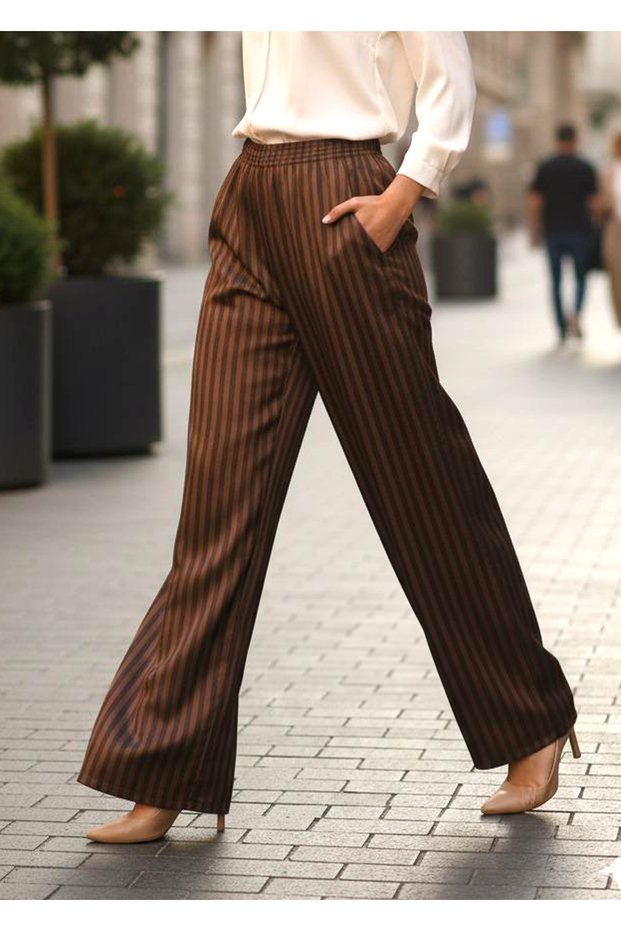 Women's Cotton Satin Striped Satin Trousers with Elastic Waist