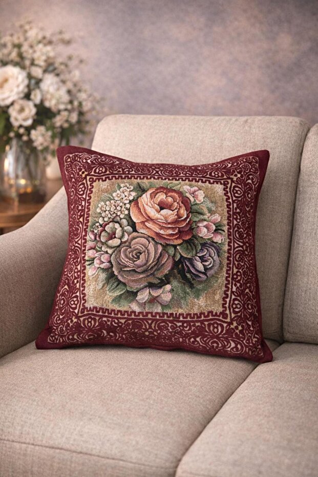 Tapestry Woven Floral Patterned Decorative Cushion Cover 45X45 cm (Buy 4 Get 1 35X90 Runner Gift)