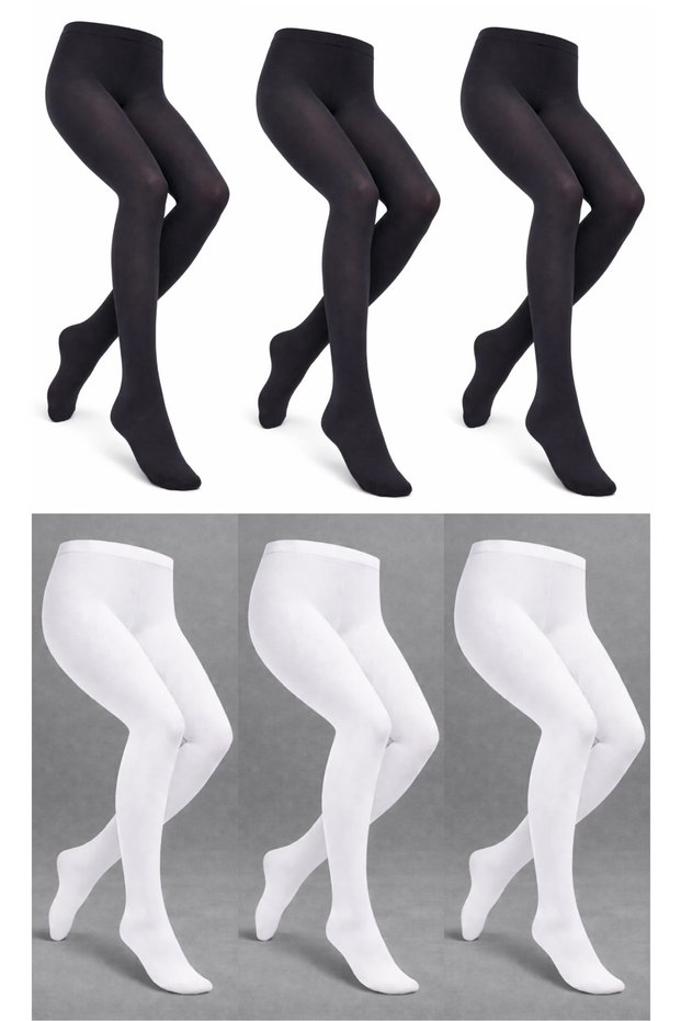 3 Black 3 White Girls' School Tights, 50 Micron Girls' Socks, Girls' Socks