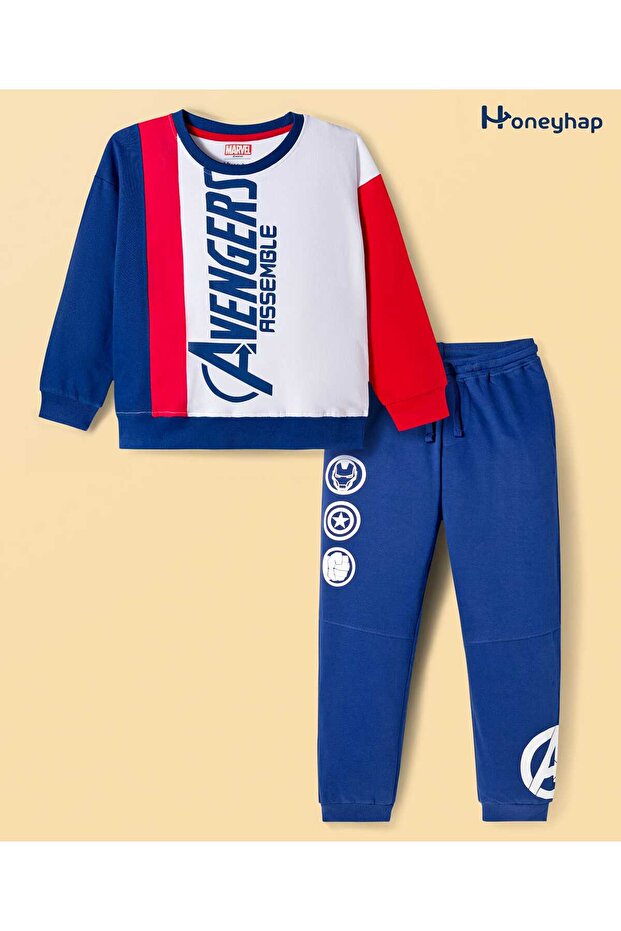 Marvel Terry Knit Full Sleeve Sweatshirt & Joggers Set Cut and Sew & Avengers s-Blue, Red, & White