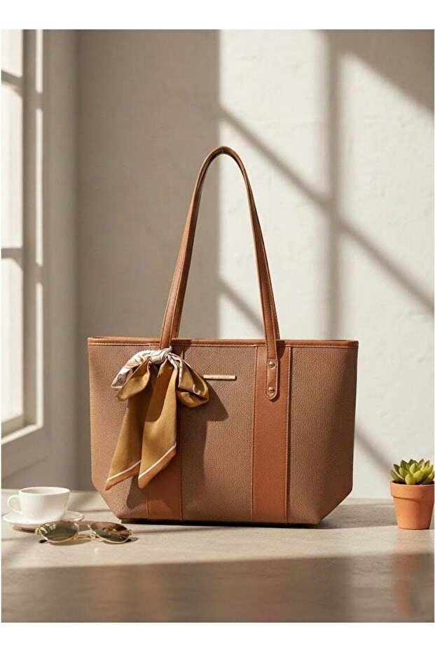 Brown Women’s Elegant Panel Tote Handbag with Scarf Detail – Structured Premium Bag