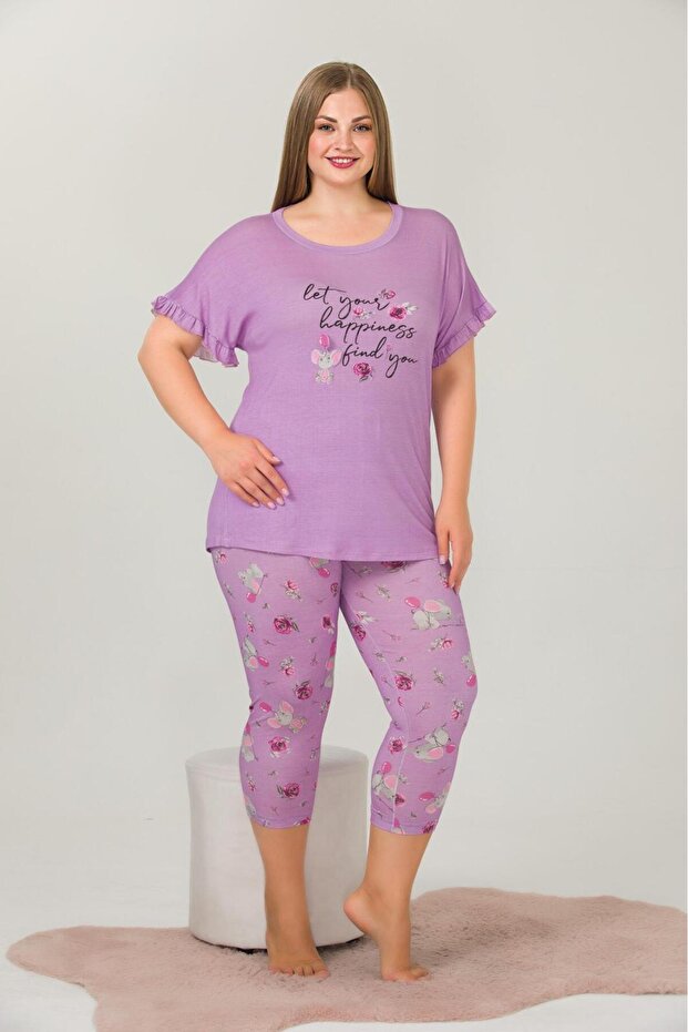 Short Sleeve Floral Patterned Oversize Size Capri Women's Pijama Set
