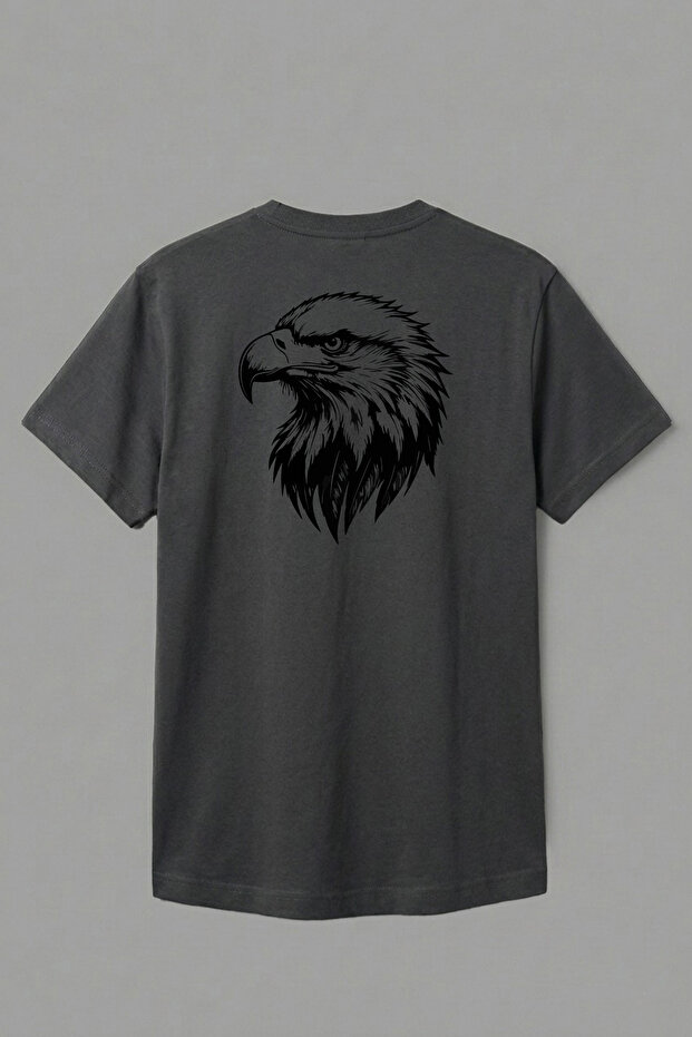 Cotton Eagle Back Print Smoked Basic Crew Neck Short Sleeve T-Shirt for Men - Women