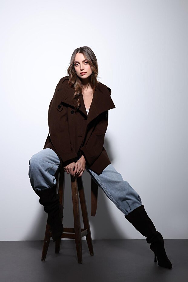Dark Brown Stand Collar Double Breasted Women's Coat
