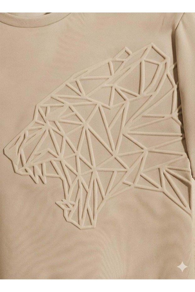 Men's Milk Coffee Color Geometric Tiger Printed T-Shirt | Full-Fit Crew Neck T-Shirt