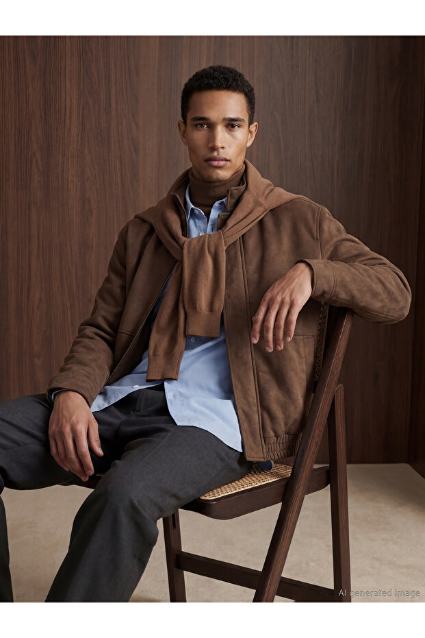 Brown Standard Fit Mock Neck Men's Suede Coat