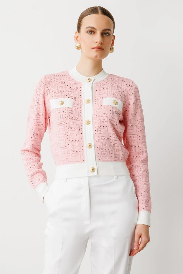Women's Front Gold Buttoned Zero-Neck Pink Cardigan 53900