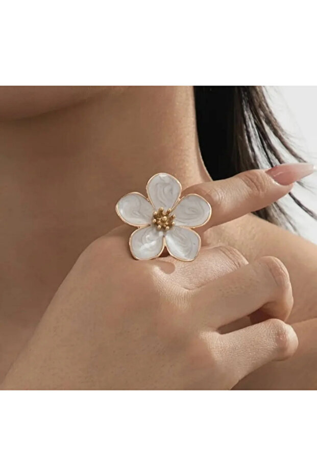Women's Ecru Gold Enamel Flower Ring Adjustable Stylish Model Steel Look Jewelry