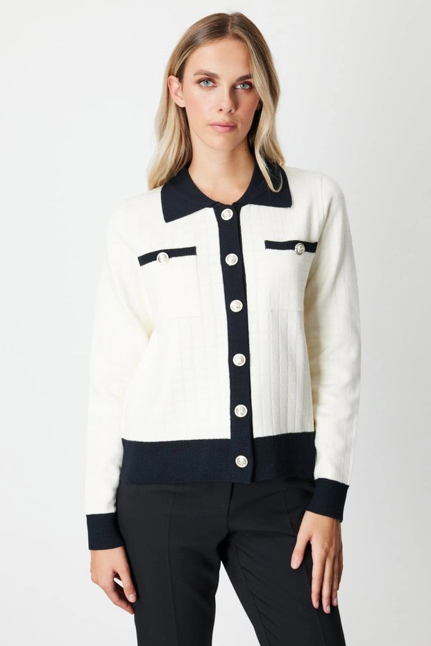 Women's Shirt Collar Pocket Ecru Cardigan 65924