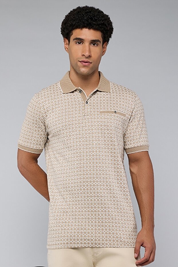 Men's Cream Patterned Polo T-Shirt with Short Sleeves