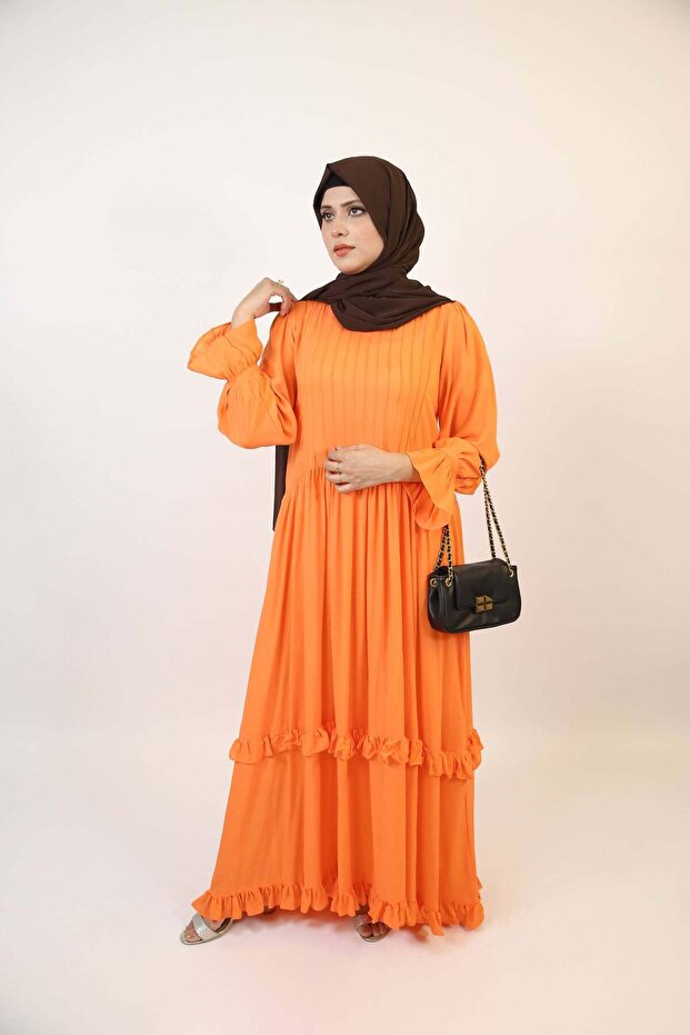 Samahah - Graceful Linen Maxi Dress with Pintuck Pleats and Ruffled Hem - Pumpkin Orange