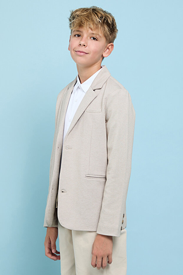 Boy's Beige Solid Single Breasted Blazer with Button Closure - 2