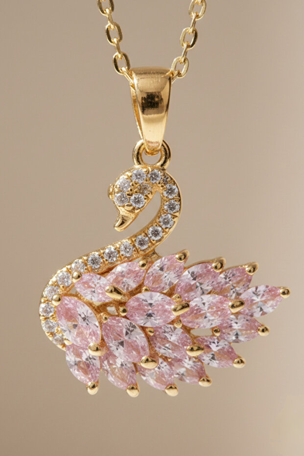 Steel Soft Pink Crystal Swan Necklace Gold Color | Anti-Tarnish, Women'S, 2 Years Warranty