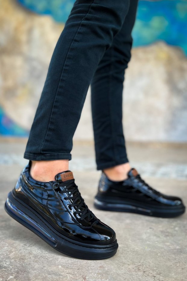 Rlx171 Ariaso Men's Casual Lace-Up Patterned Patent Leather Sports Sneaker Shoes Rst - Black