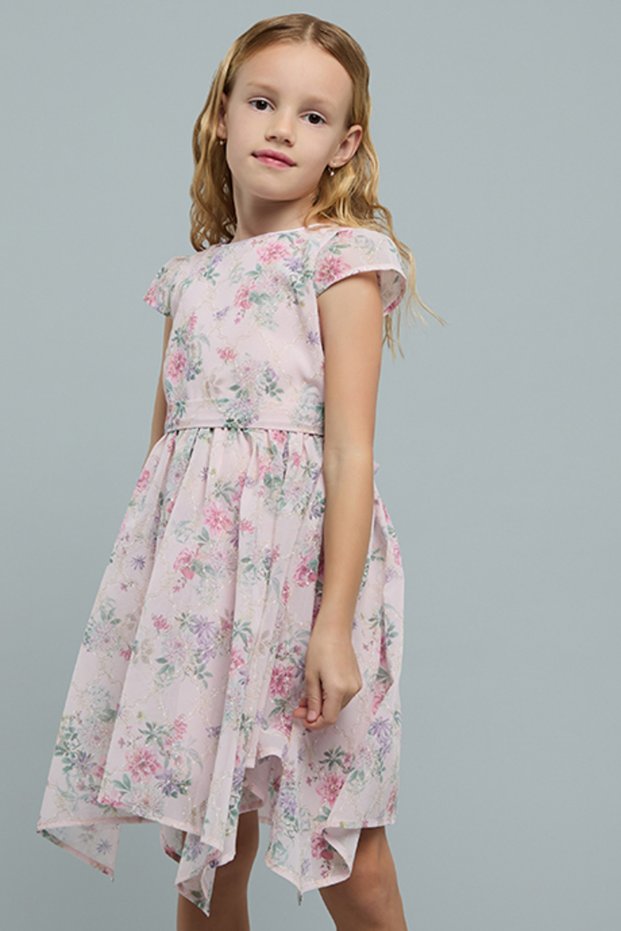 Girl's Pink Floral Printed Dress with Crew Neck and Cap Sleeves