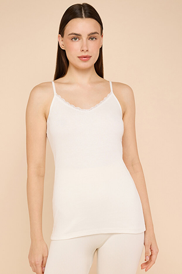 Women's Cream Lace Trim Ribbed Camisole