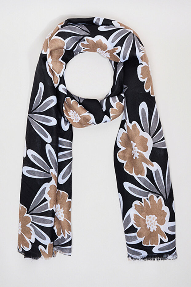 Women's Black Floral Print Scarf, 180X85cm