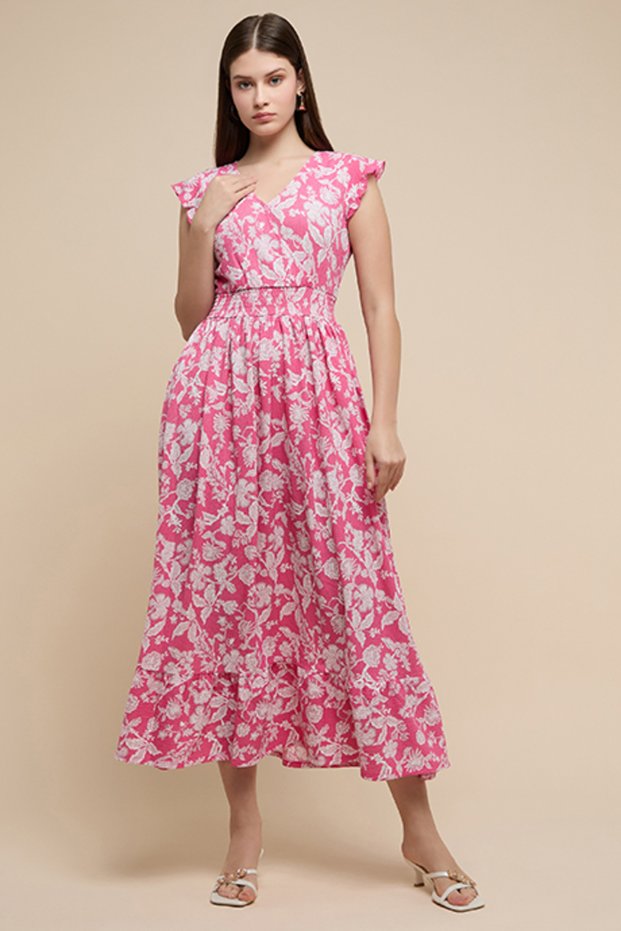 Women's Pink Printed Midi Dress with V-Neck and Short Sleeves