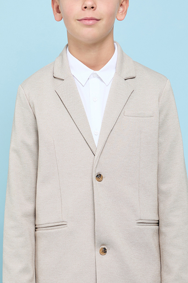 Boy's Beige Solid Single Breasted Blazer with Button Closure - 5