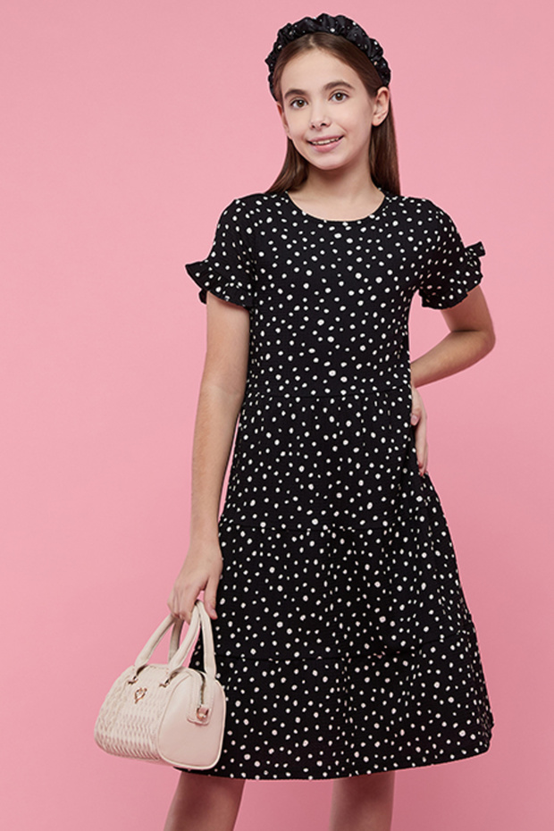 Girl's Black Printed Tiered Dress with Crew Neck and Puff Sleeves